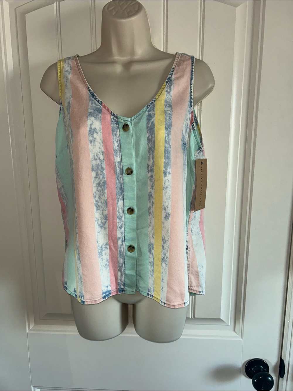 NWT Billy T Pastel Multi-Stripe Button-Front Camisole - Mint Pink Yellow Sz S